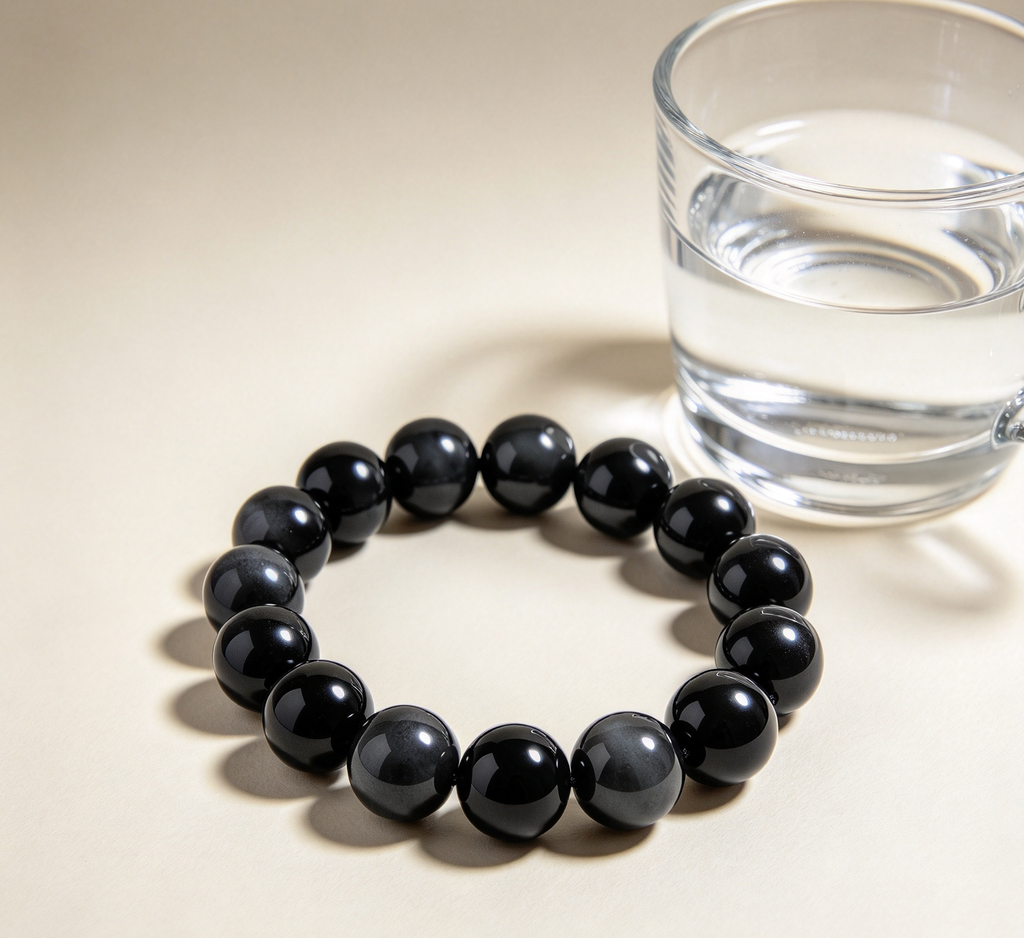 Handcrafted Natural Black Agate Beaded Stretch Bracelet — Water Element