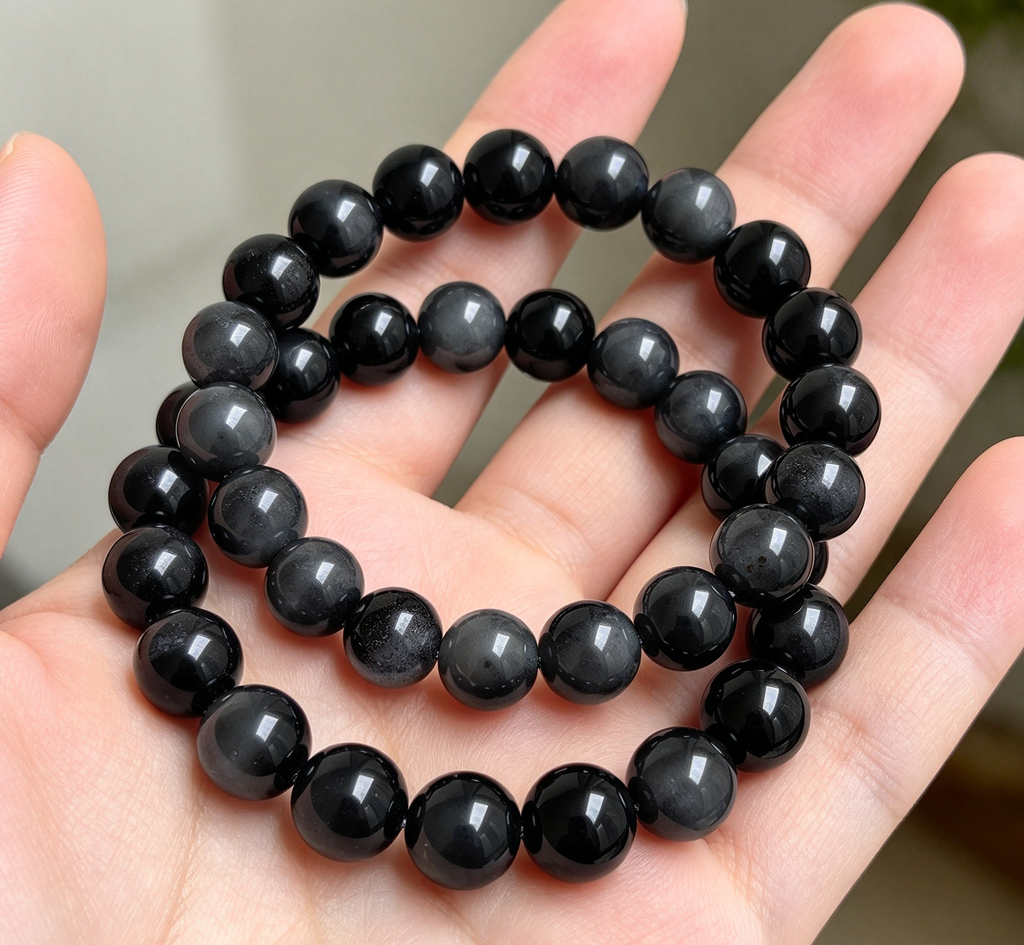 Handcrafted Natural Black Agate Beaded Stretch Bracelet — Water Element