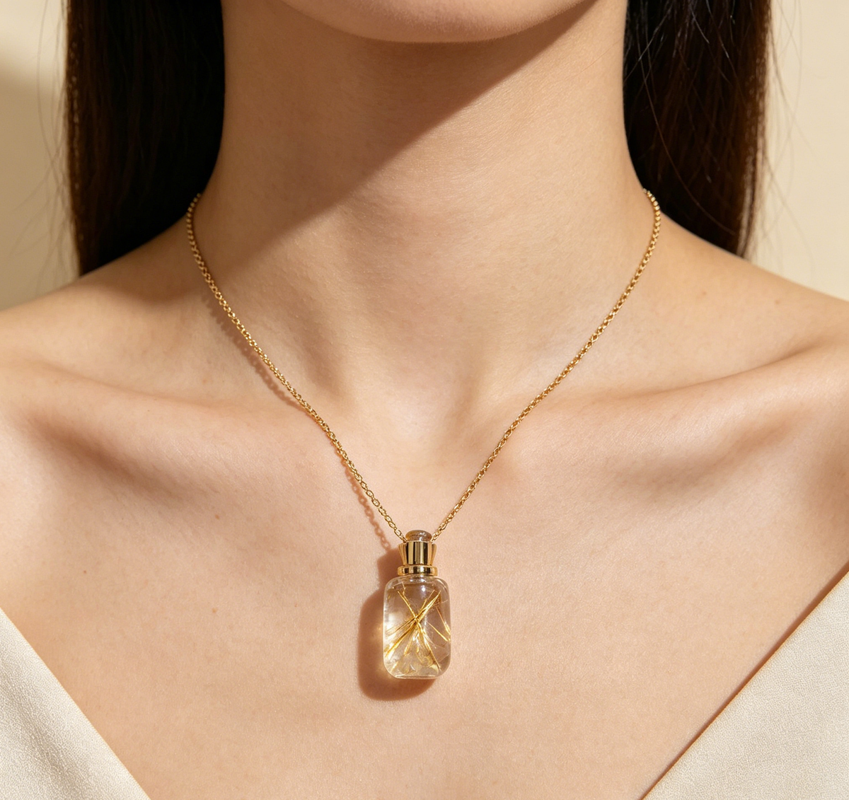 Rutilated Quartz Crystal Perfume Bottle Necklace