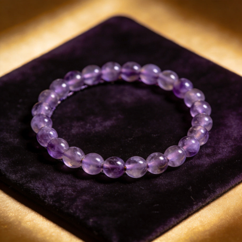 Amethyst Women's 8mm natural stone bracelet on dark velvet