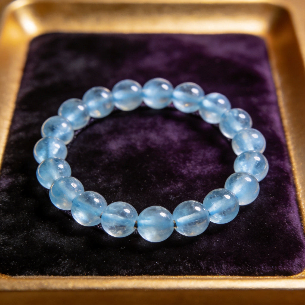 Aquamarine Women's 8mm natural stone bracelet on dark velvet