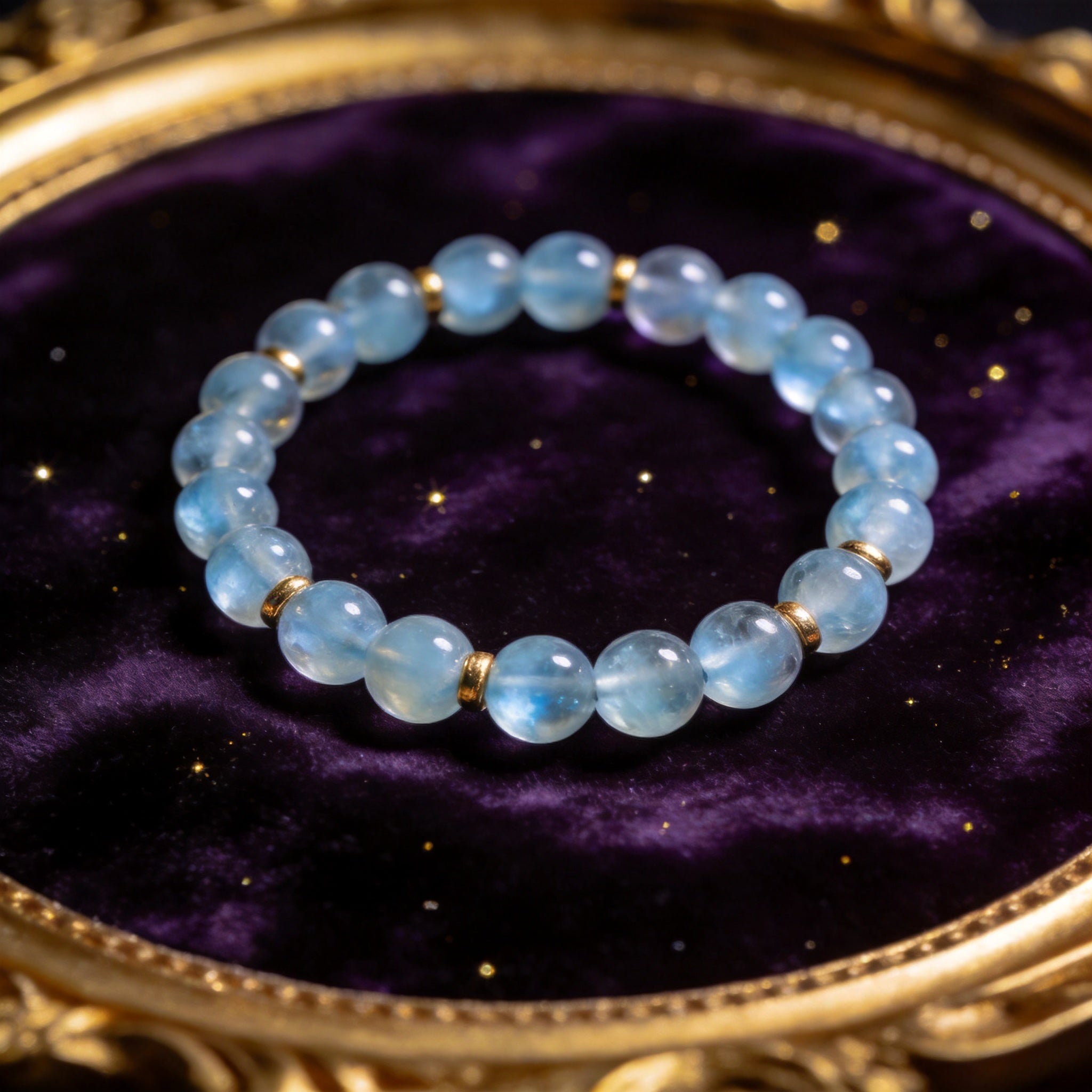 Aquamarine Women's 8mm natural stone bracelet on dark velvet