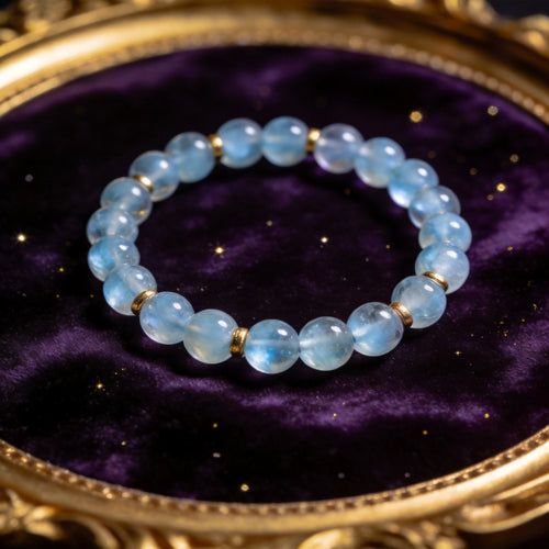 Aquamarine Women's 8mm natural stone bracelet on dark velvet