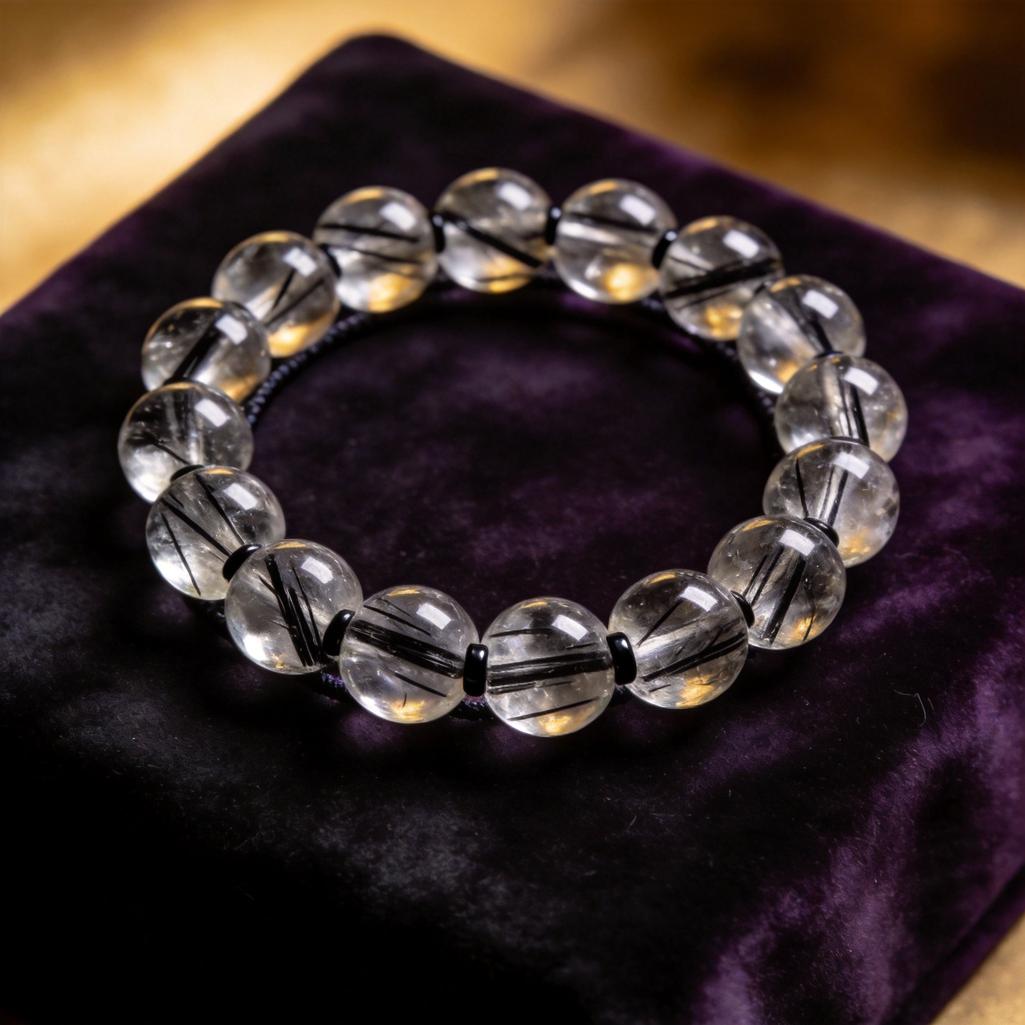 Black Rutilated Quartz Men's 12mm natural stone bracelet on dark velvet