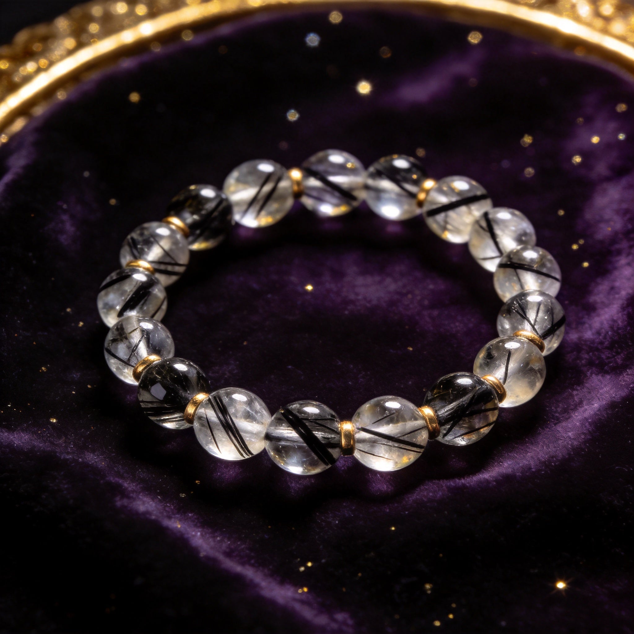 Black Rutilated Quartz Women's 8mm natural stone bracelet on dark velvet
