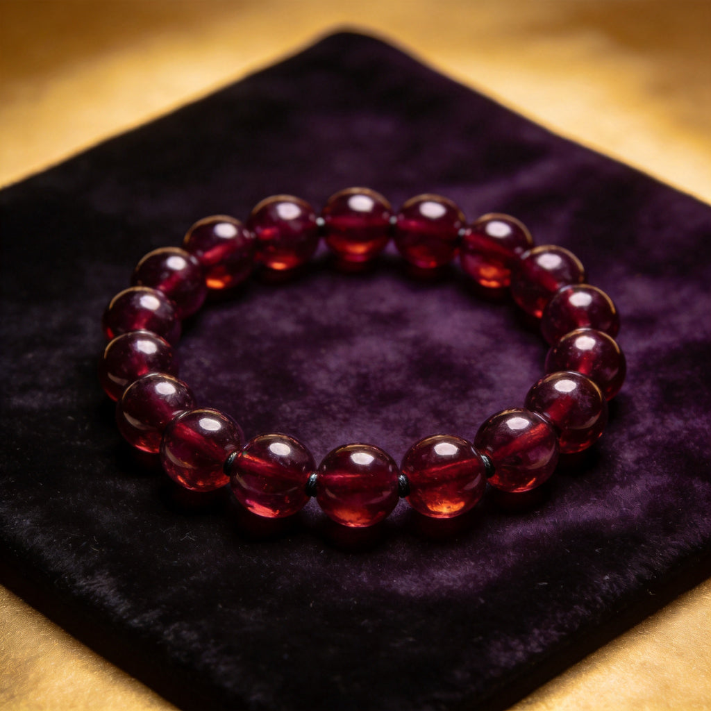 Garnet Men's 12mm natural stone bracelet on dark velvet
