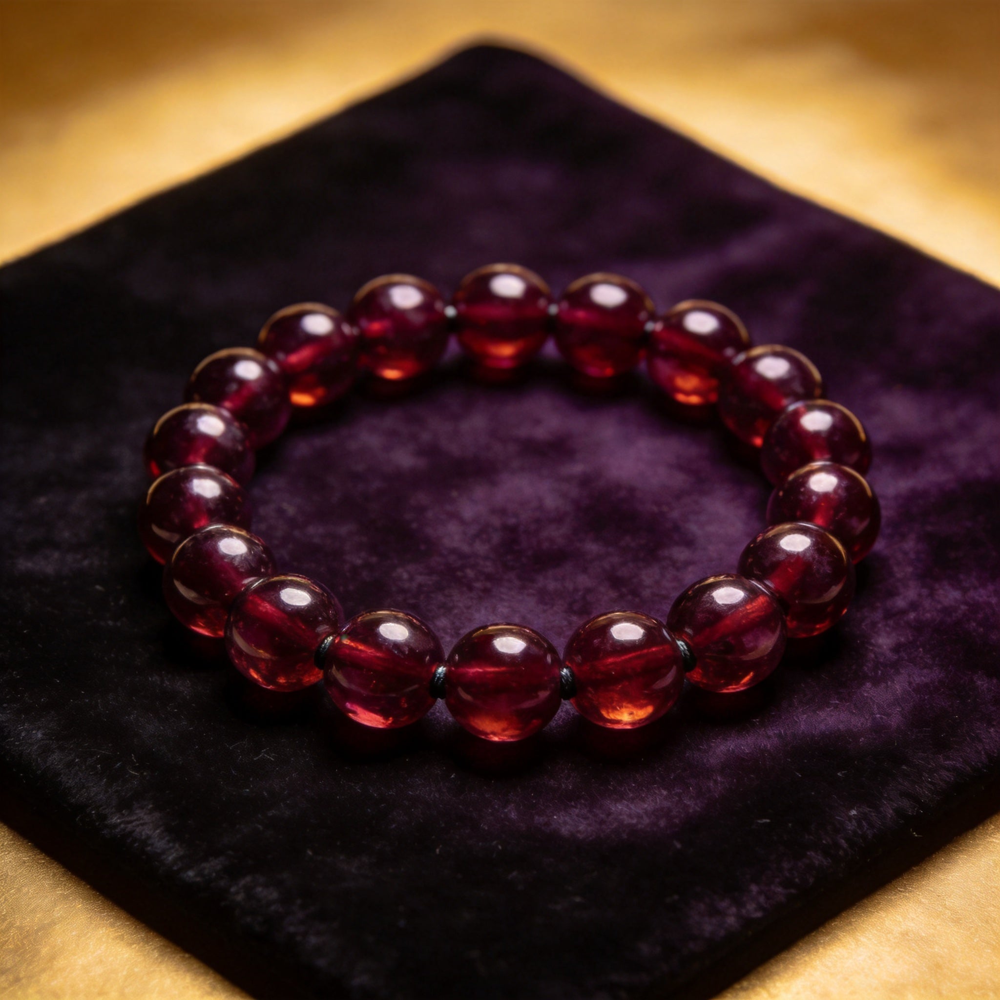 Garnet Men's 12mm natural stone bracelet on dark velvet