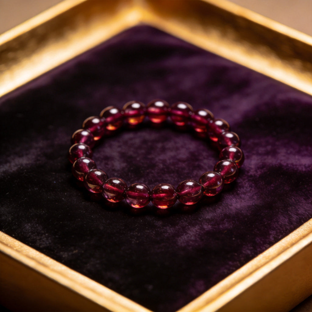 Garnet Women's 8mm natural stone bracelet on dark velvet