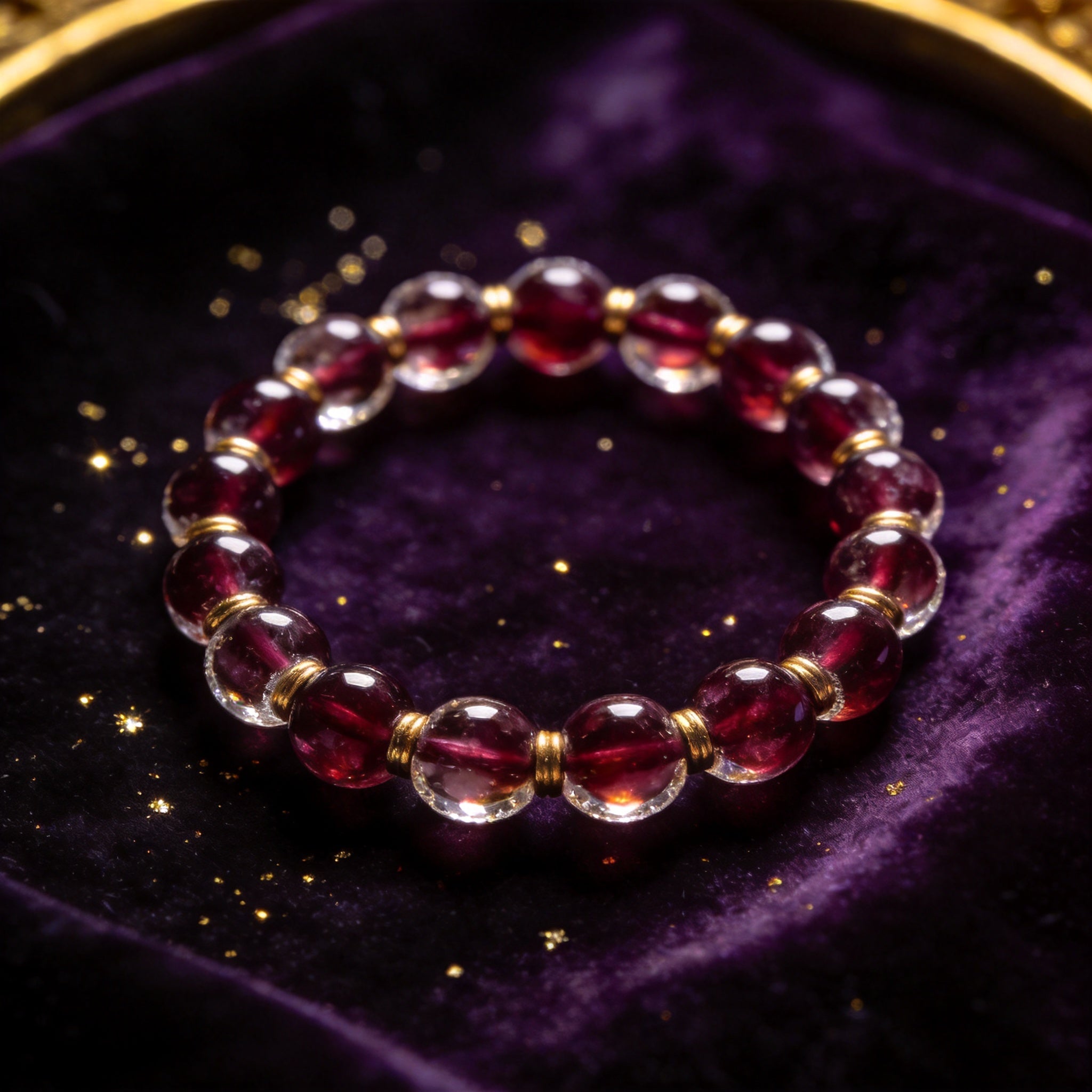Garnet Women's 8mm natural stone bracelet on dark velvet