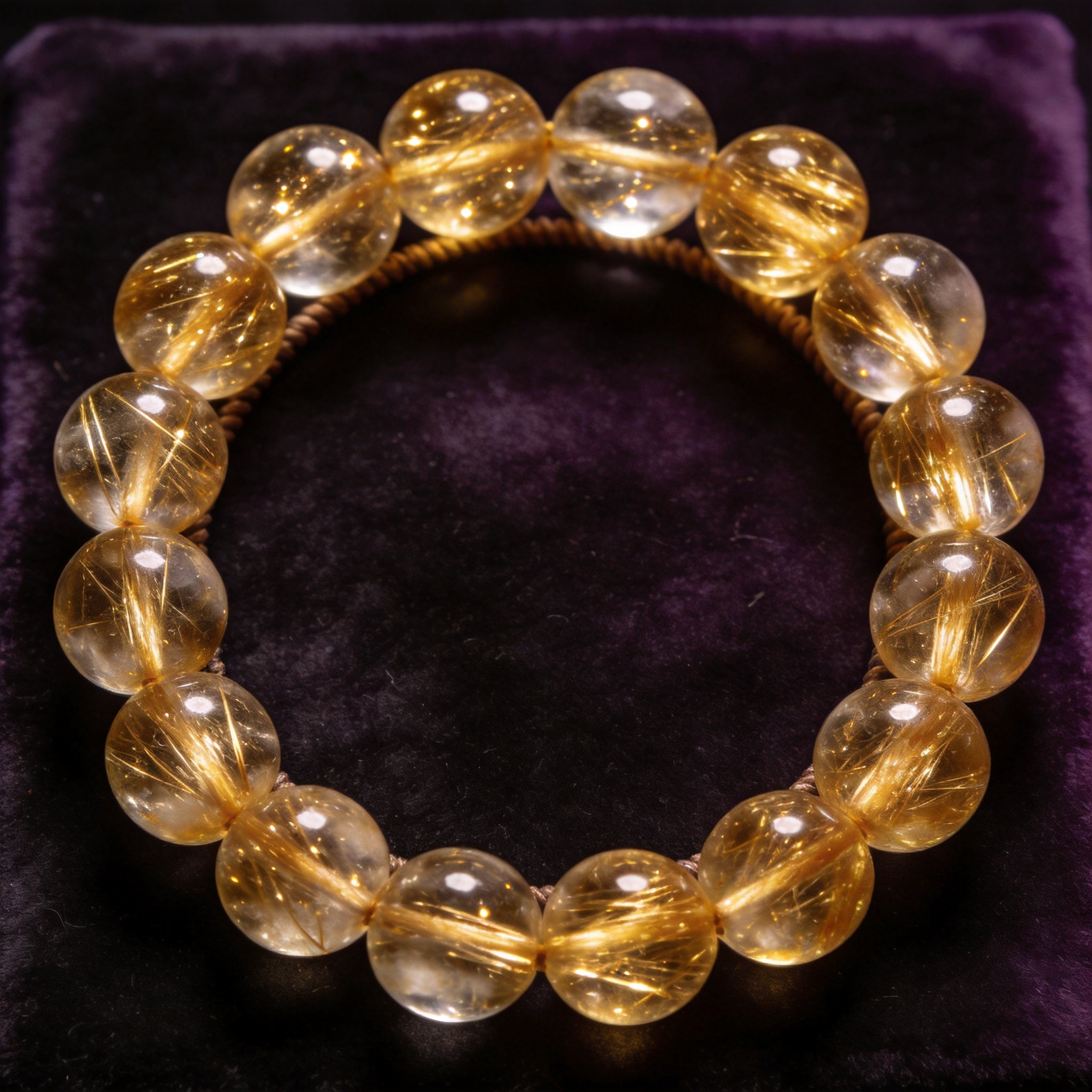 Gold Rutilated Quartz Men's 12mm natural stone bracelet on dark velvet