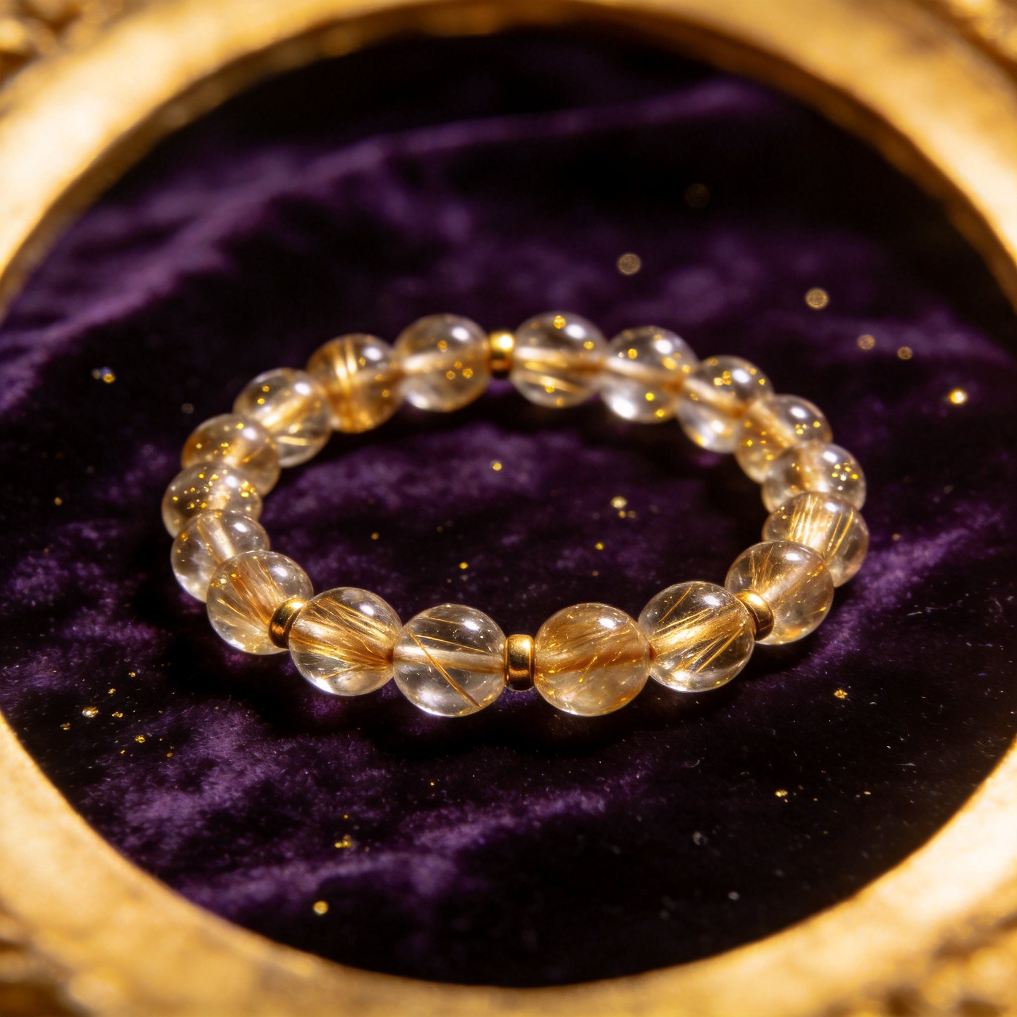 Gold Rutilated Quartz Women's 8mm natural stone bracelet on dark velvet