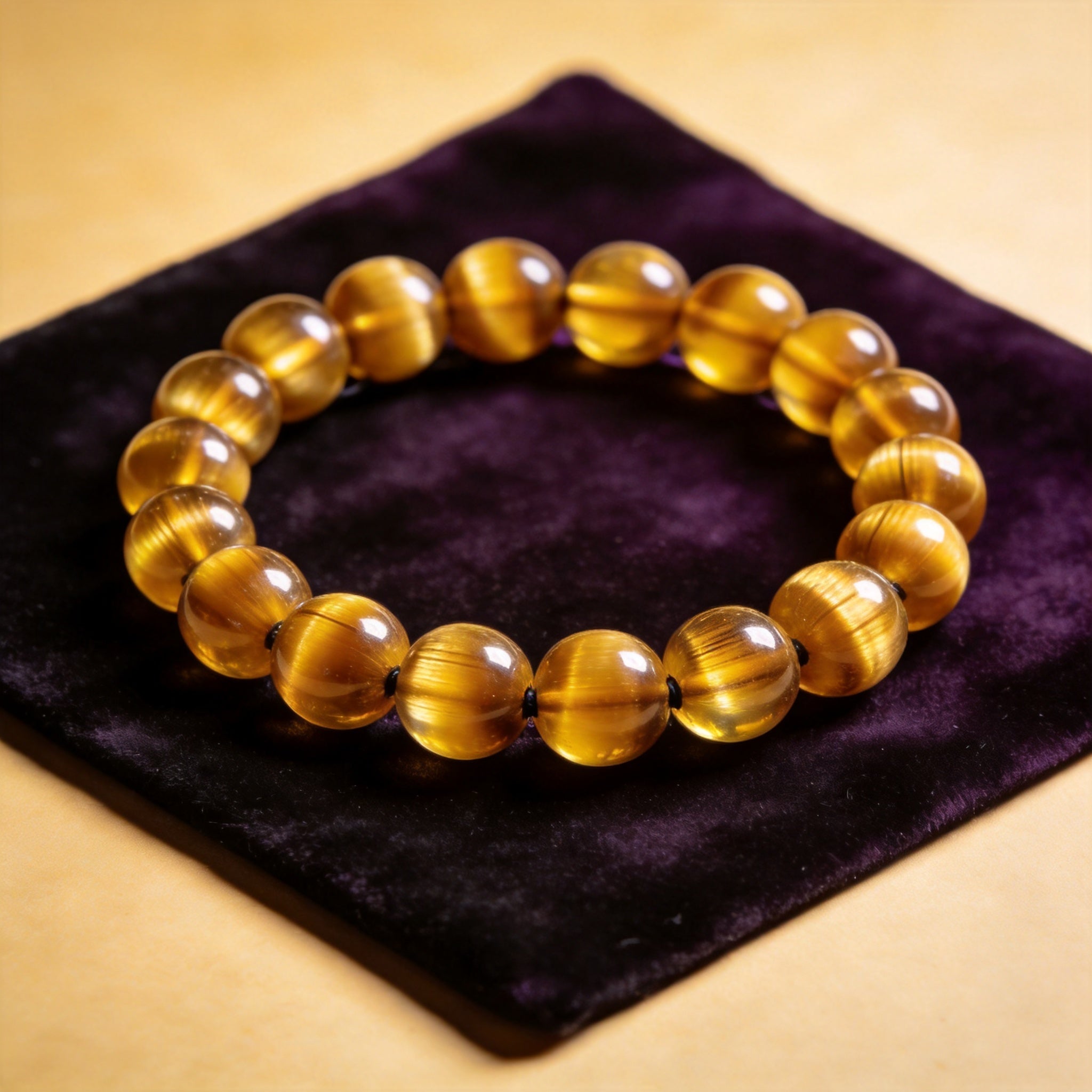 Golden Tiger Eye Men's 12mm natural stone bracelet on dark velvet