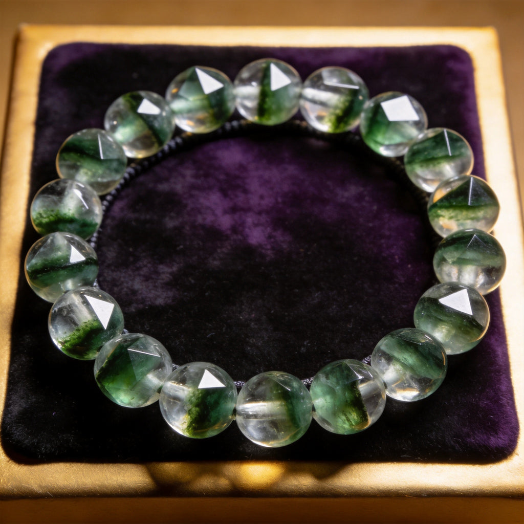 Green Phantom Quartz Men's 12mm natural stone bracelet on dark velvet