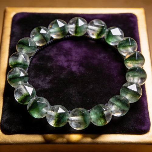 Green Phantom Quartz Men's 12mm natural stone bracelet on dark velvet