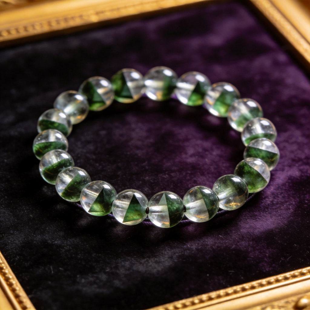Green Phantom Quartz Women's 8mm natural stone bracelet on dark velvet