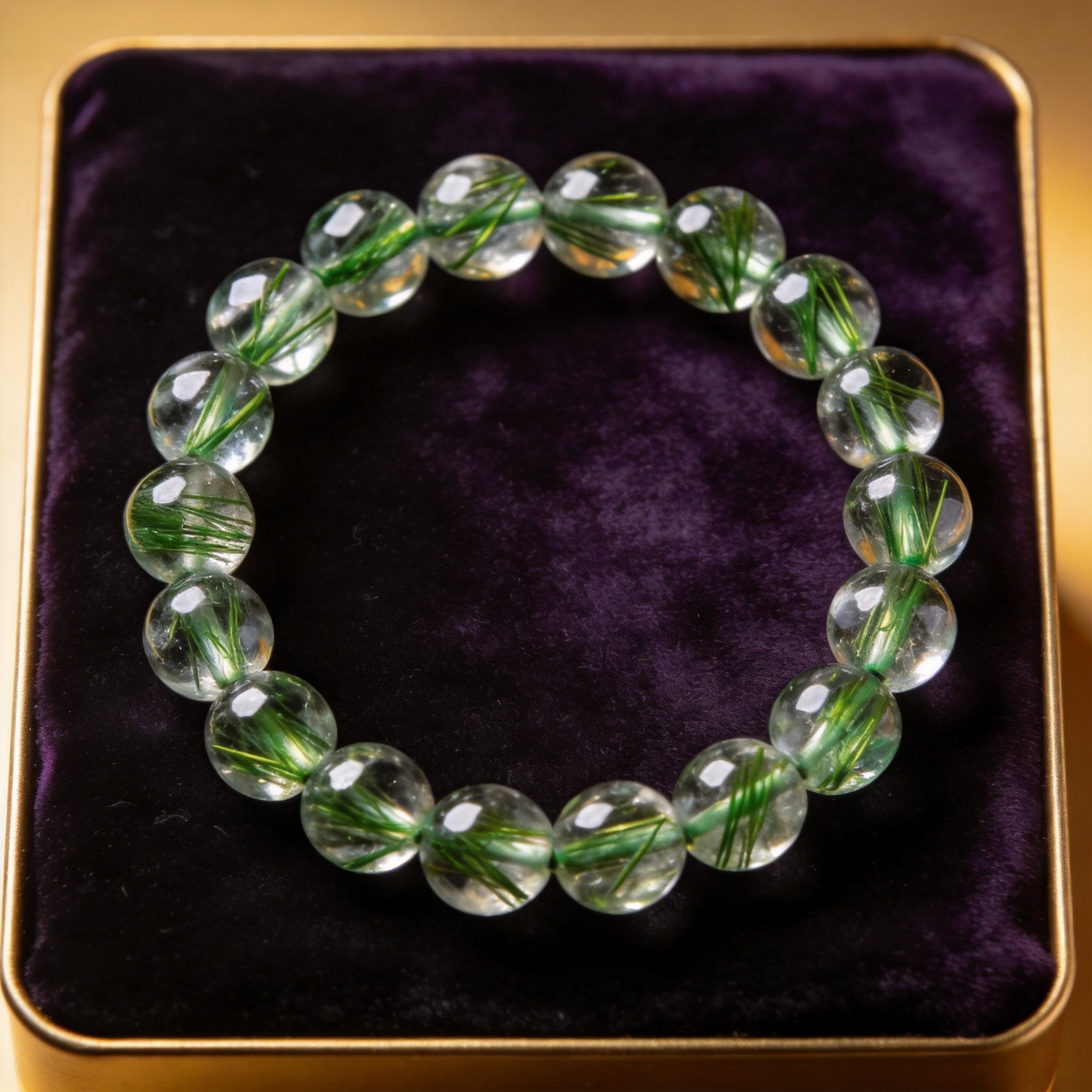 Green Rutilated Quartz Men's 12mm natural stone bracelet on dark velvet