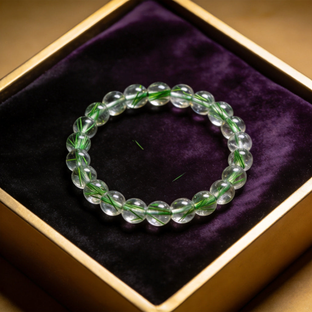 Green Rutilated Quartz Women's 8mm natural stone bracelet on dark velvet