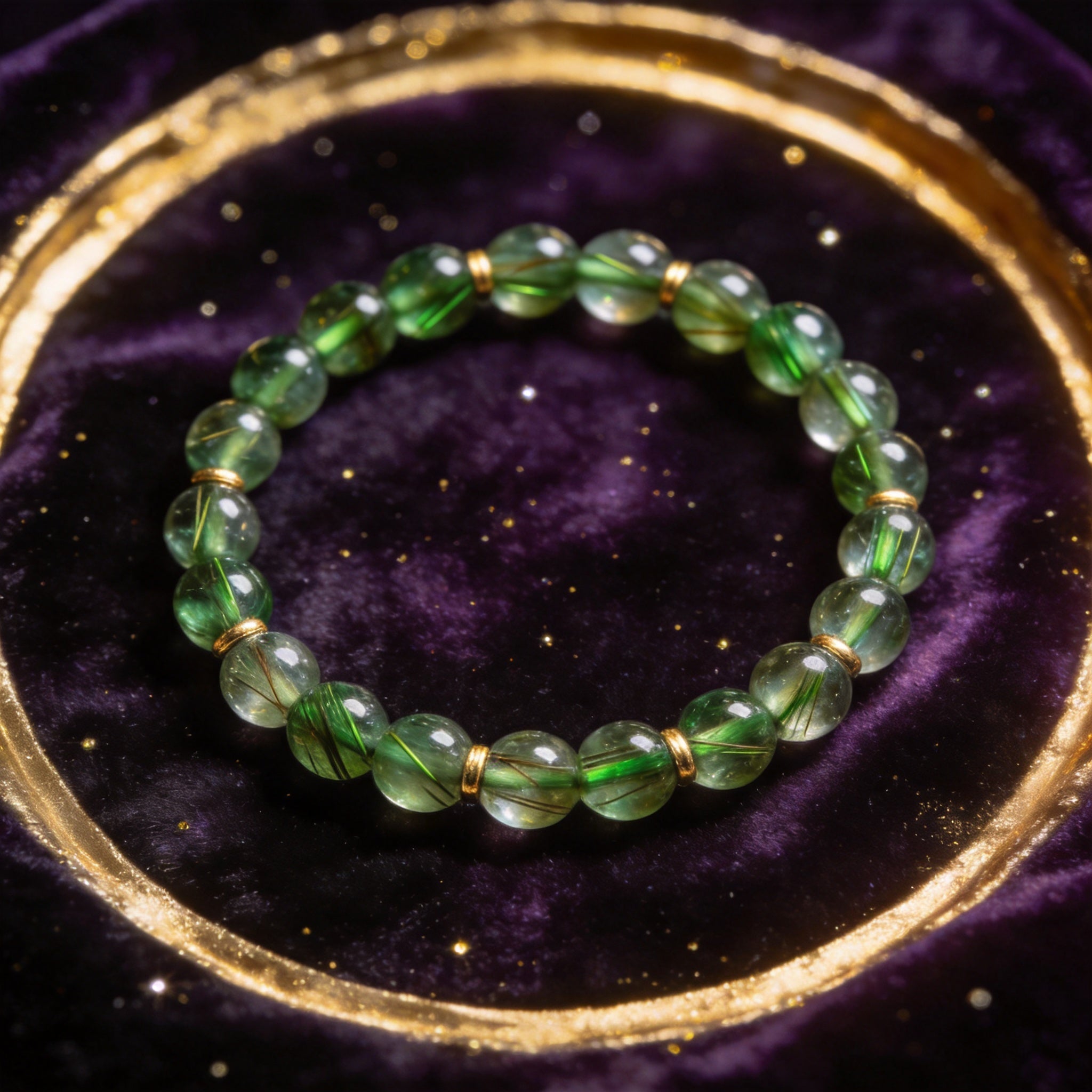 Green Rutilated Quartz Women's 8mm natural stone bracelet on dark velvet