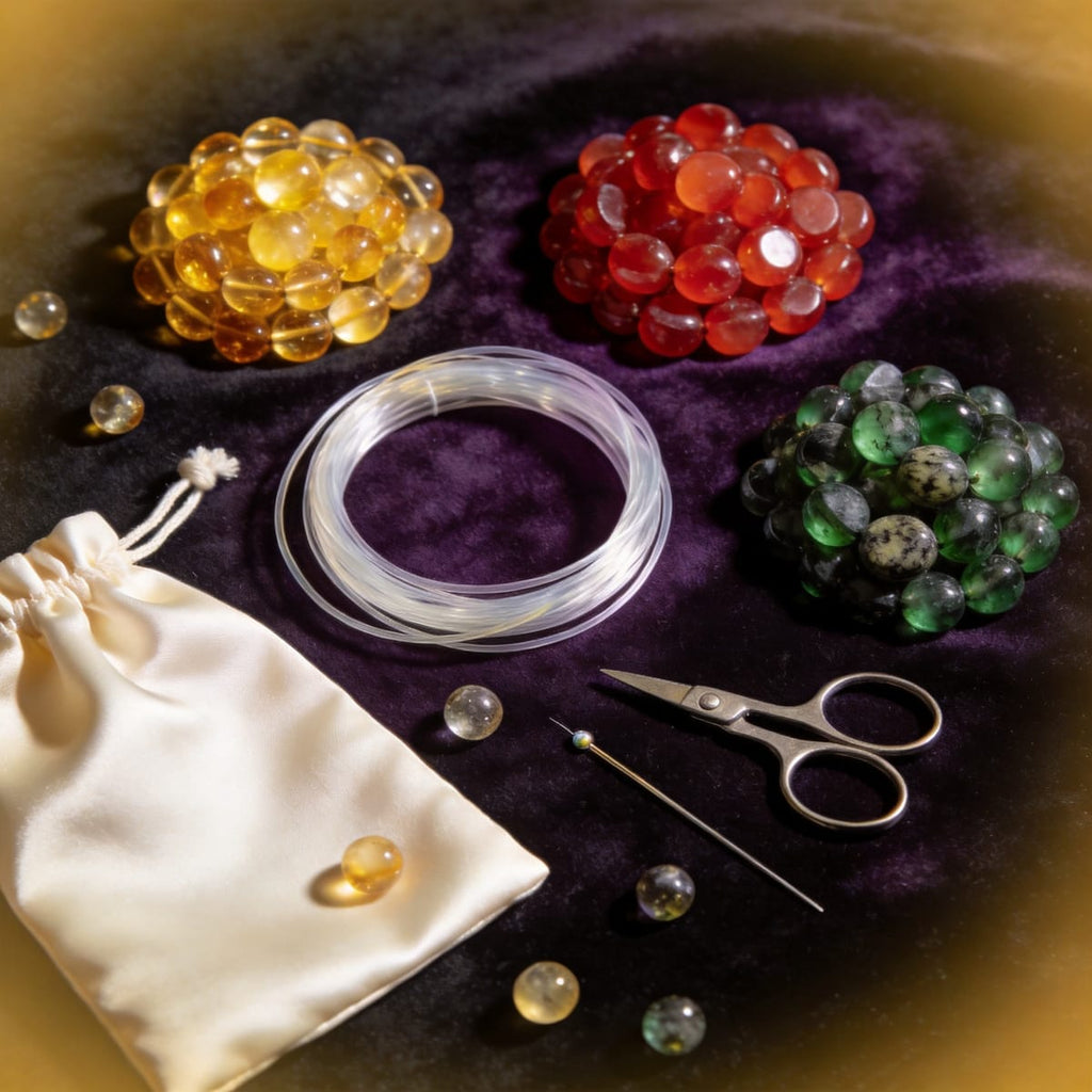 Earth element DIY bracelet making kit with loose Citrine, Red Agate and Green Phantom Quartz beads, cord and tools on dark velvet