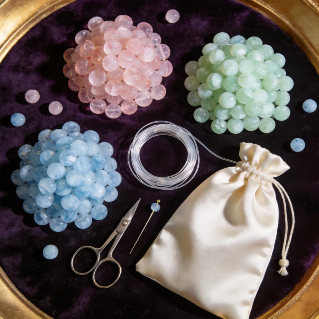 Fire element DIY bracelet making kit with loose Rose Quartz, Prehnite and Aquamarine beads, cord and tools on dark velvet