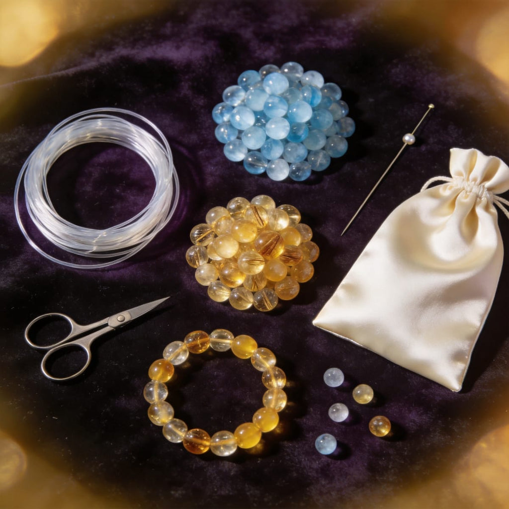Water element DIY bracelet making kit with loose Aquamarine, Gold Rutilated Quartz and Tiger Eye beads, cord and tools on dark velvet