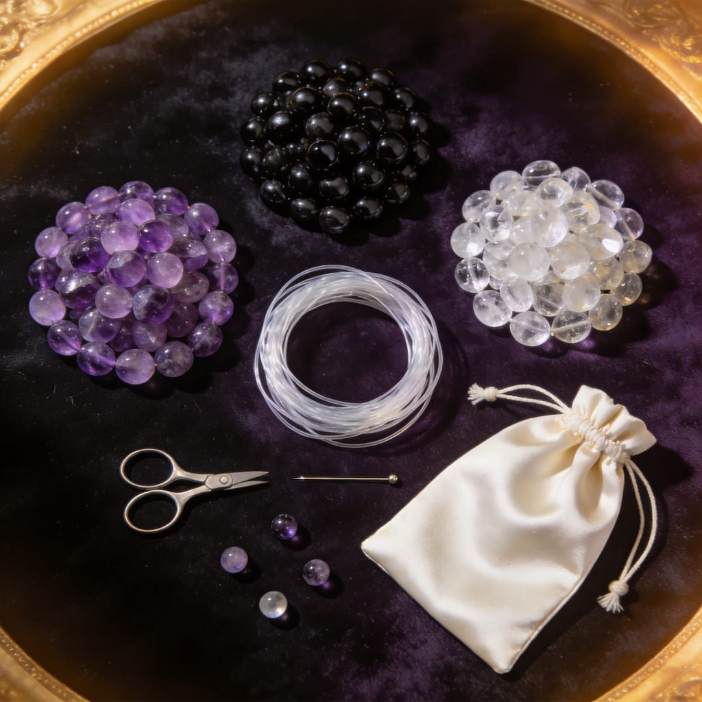 Wood element DIY bracelet making kit with loose Amethyst, Black Obsidian and Clear Quartz beads, cord and tools on dark velvet