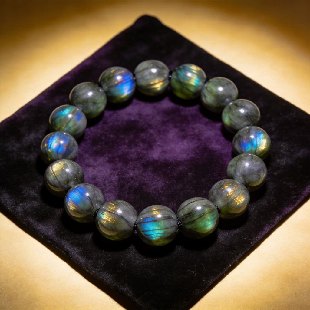 Labradorite Men's 12mm natural stone bracelet on dark velvet