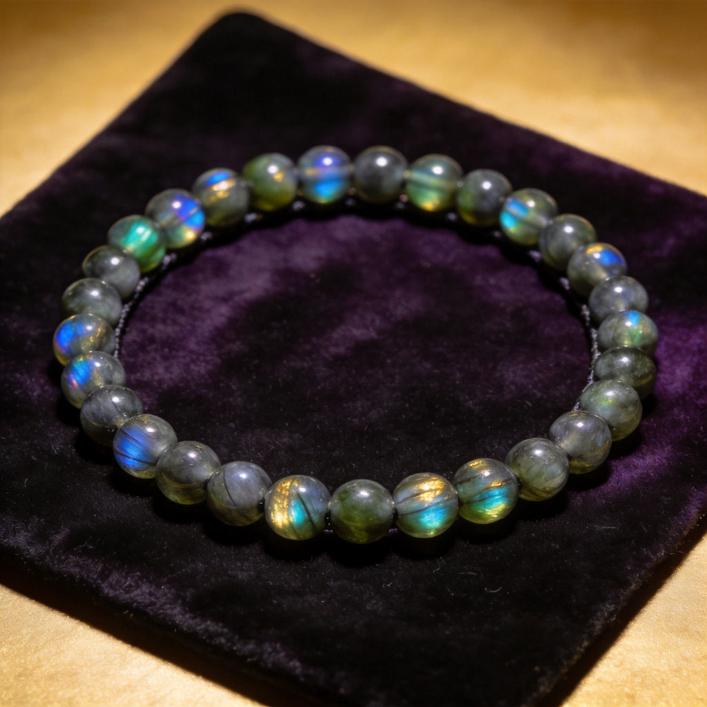 Labradorite Women's 8mm natural stone bracelet on dark velvet