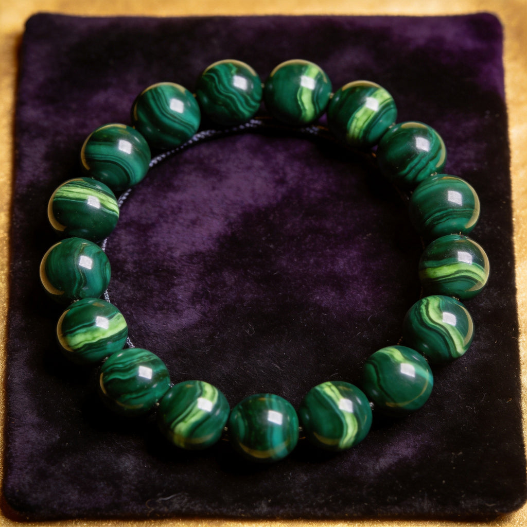 Malachite Men's 12mm natural stone bracelet on dark velvet