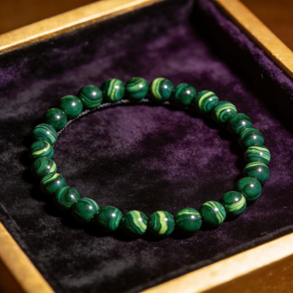 Malachite Women's 8mm natural stone bracelet on dark velvet