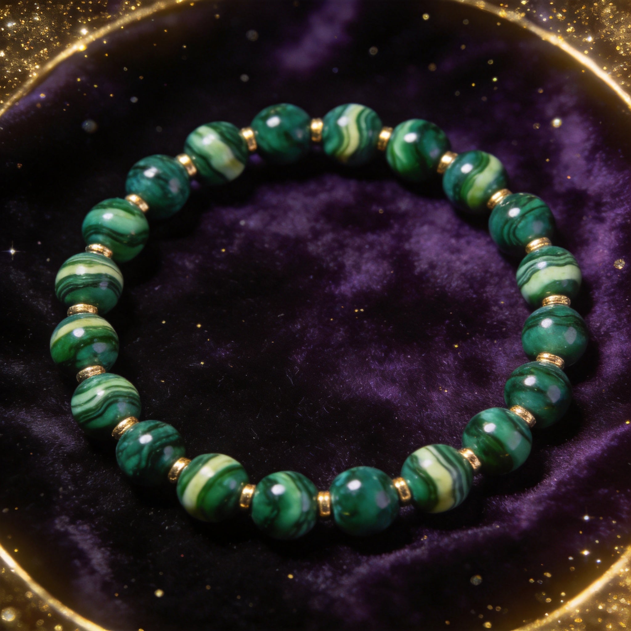 Malachite Women's 8mm natural stone bracelet on dark velvet