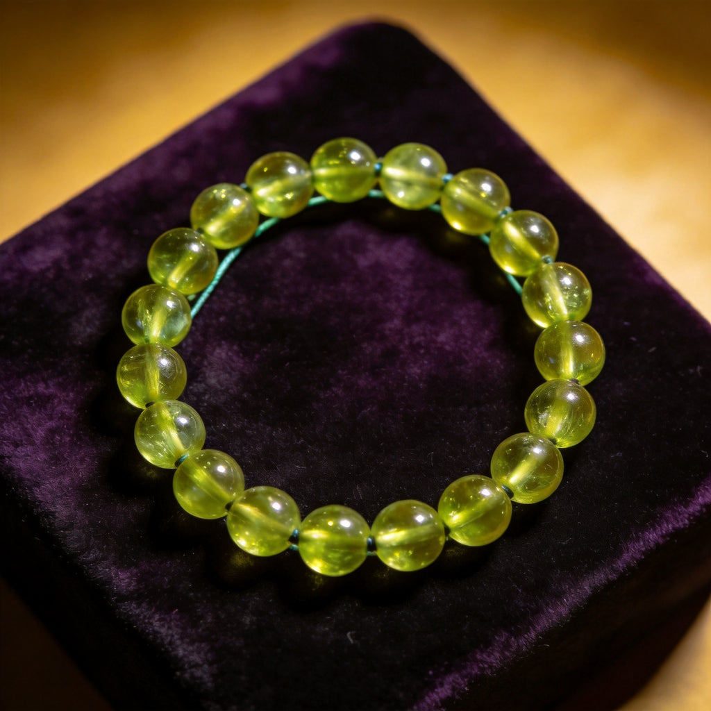 Peridot Women's 8mm natural stone bracelet on dark velvet