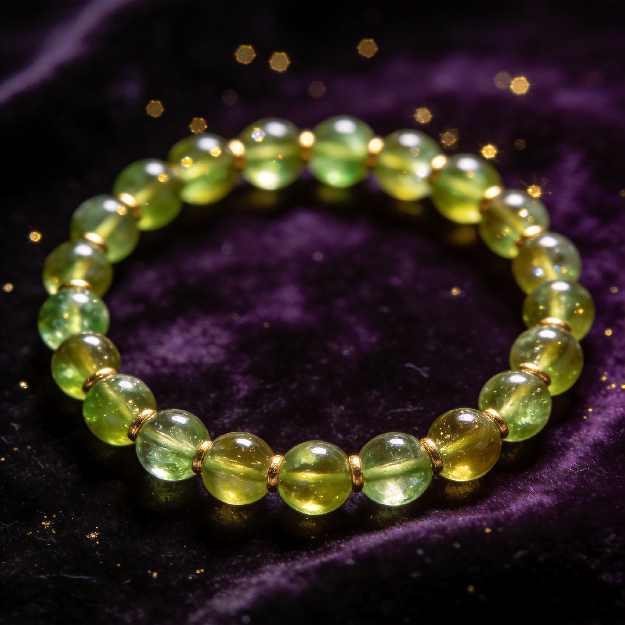 Peridot Women's 8mm natural stone bracelet on dark velvet
