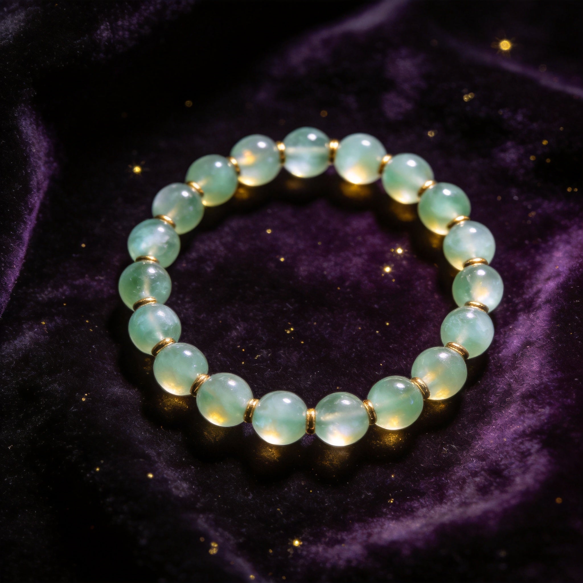 Prehnite Women's 8mm natural stone bracelet on dark velvet