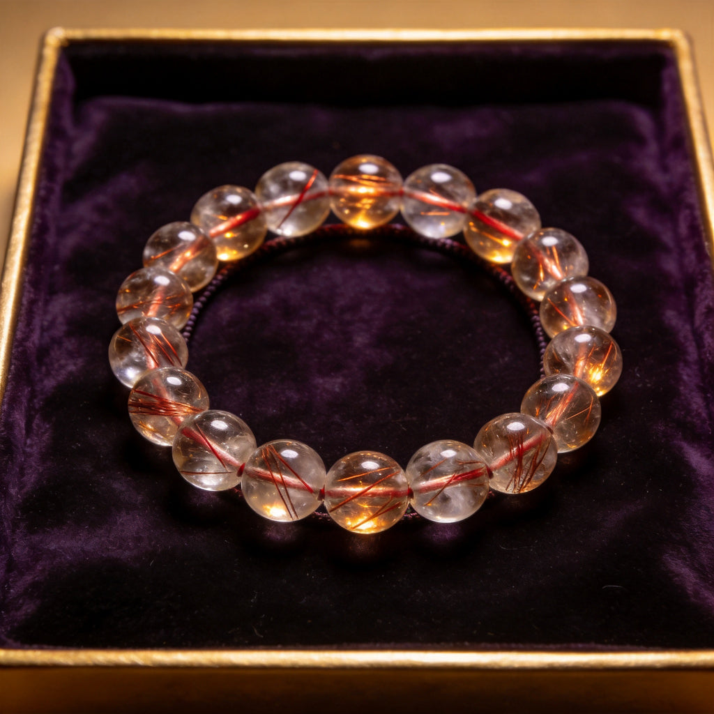 Red Rutilated Quartz Men's 12mm natural stone bracelet on dark velvet