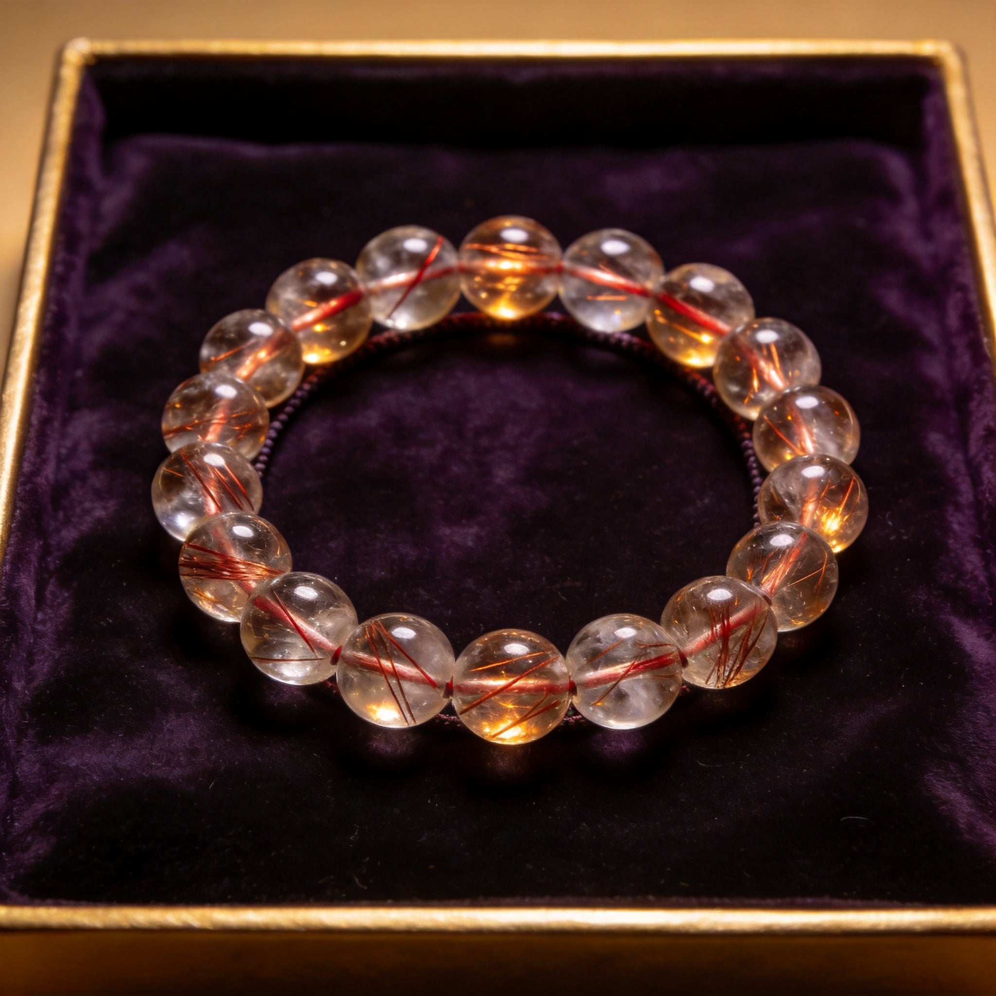Red Rutilated Quartz Men's 12mm natural stone bracelet on dark velvet