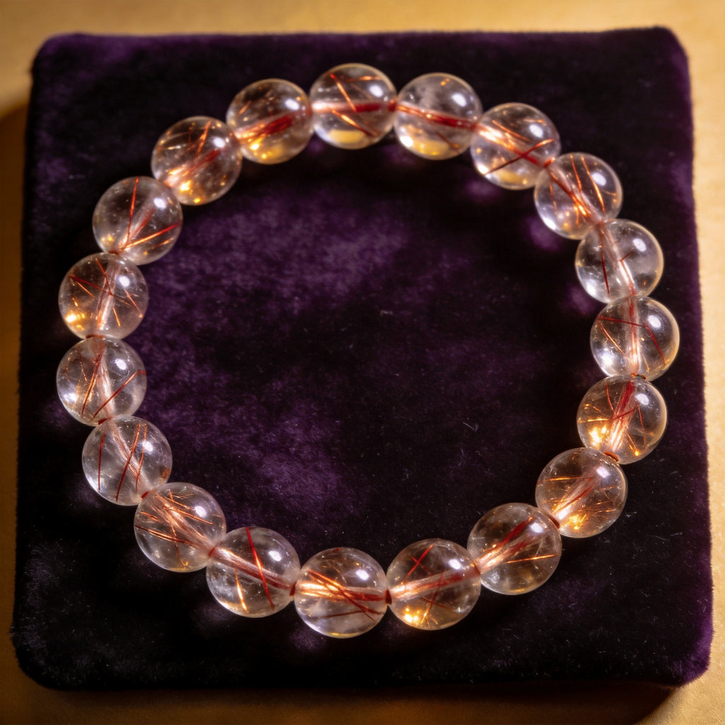 Red Rutilated Quartz Women's 8mm natural stone bracelet on dark velvet