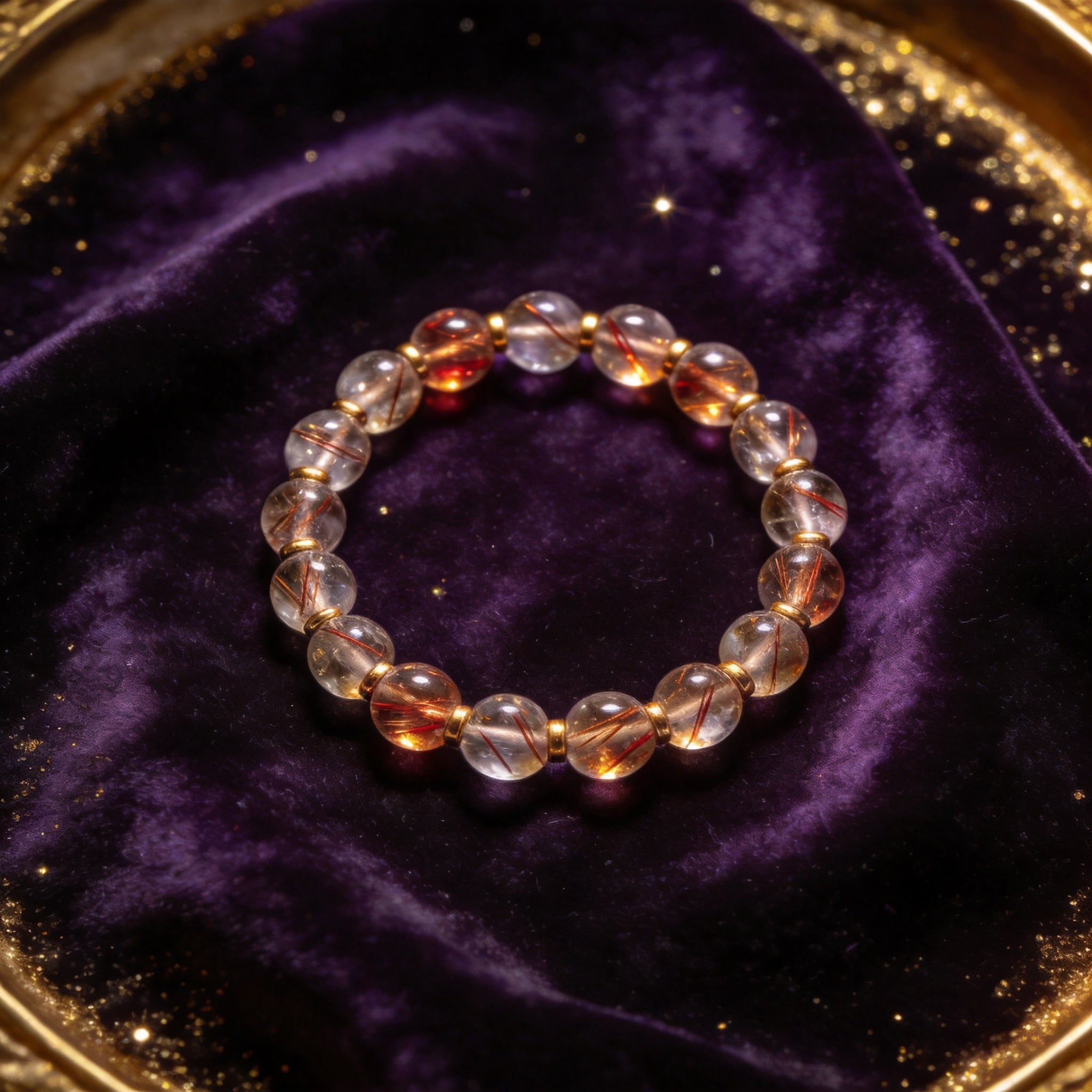 Red Rutilated Quartz Women's 8mm natural stone bracelet on dark velvet