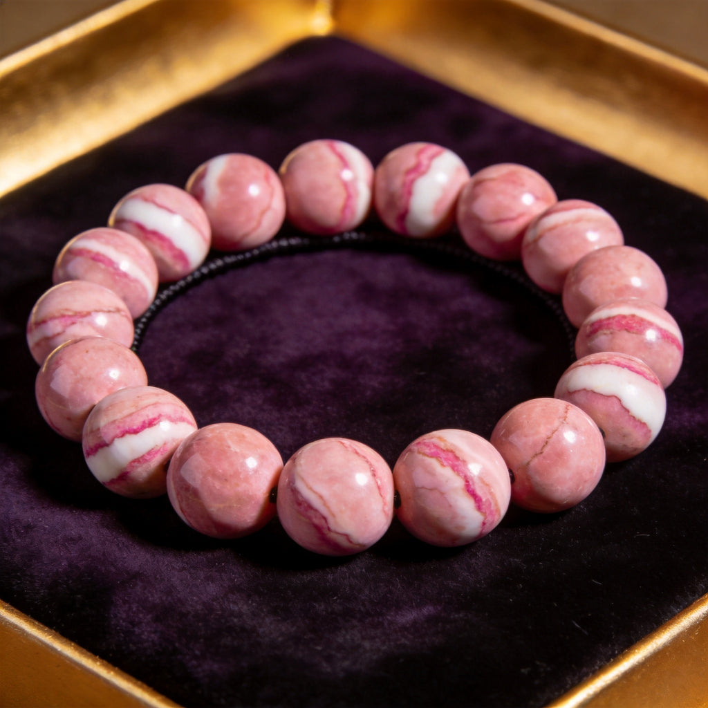 Rhodochrosite Men's 12mm natural stone bracelet on dark velvet