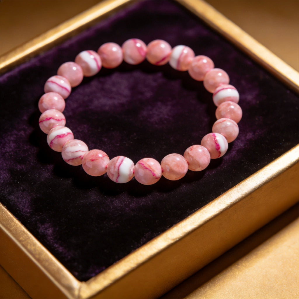 Rhodochrosite Women's 8mm natural stone bracelet on dark velvet