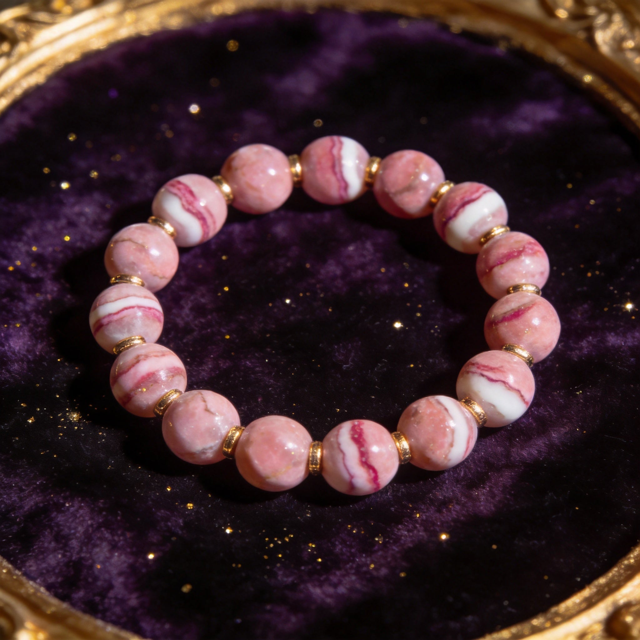 Rhodochrosite Women's 8mm natural stone bracelet on dark velvet