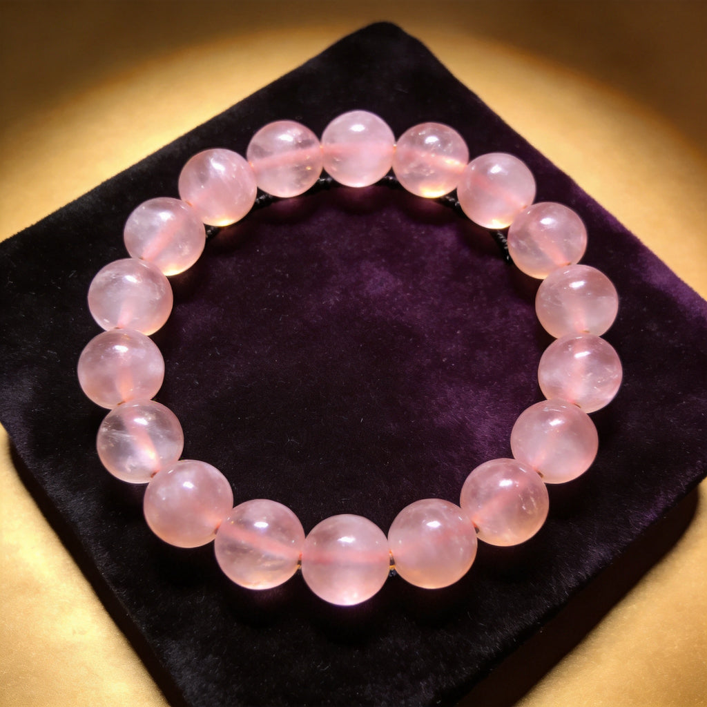 Rose Quartz Men's 12mm natural stone bracelet on dark velvet
