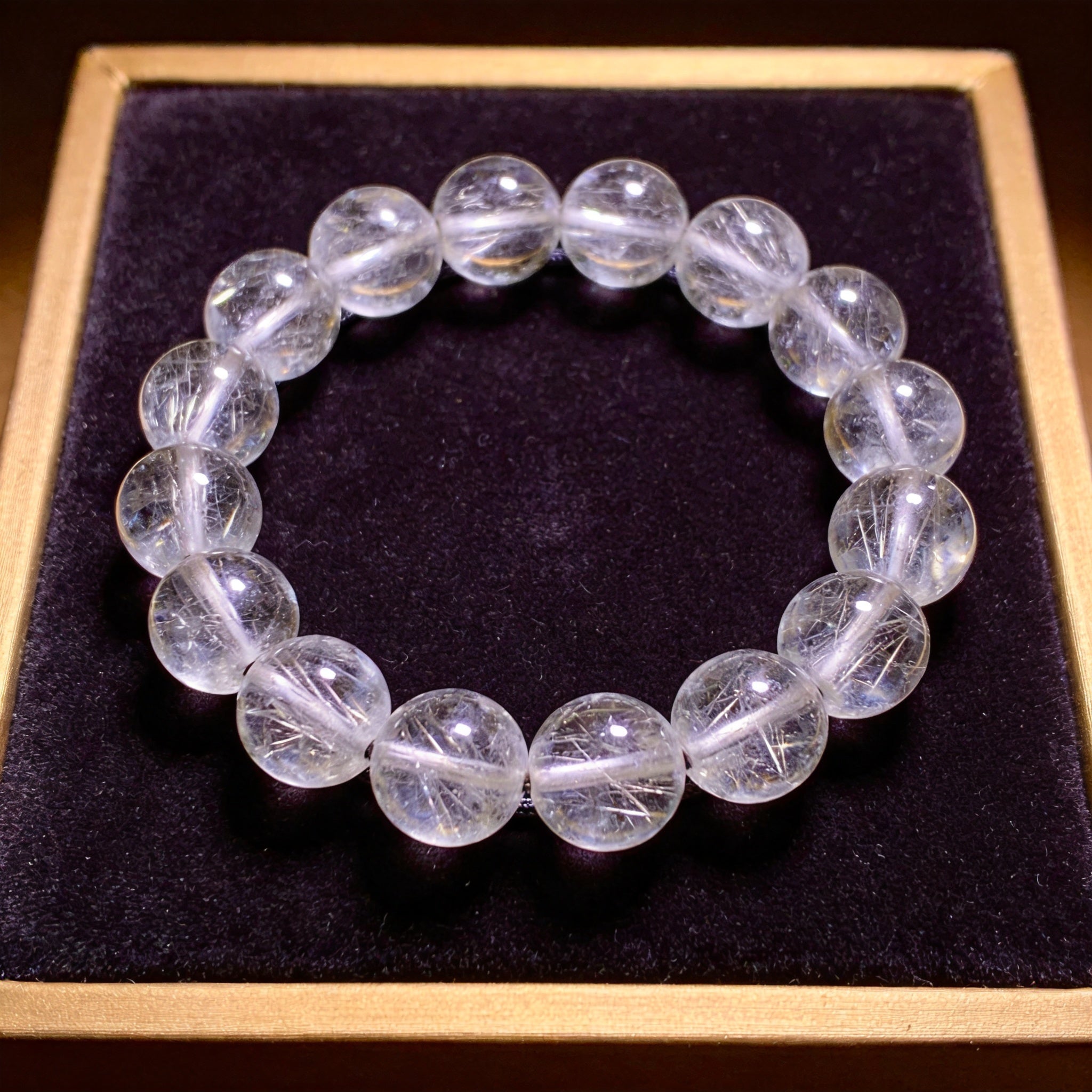 Silver Rutilated Quartz Men's 12mm natural stone bracelet on dark velvet