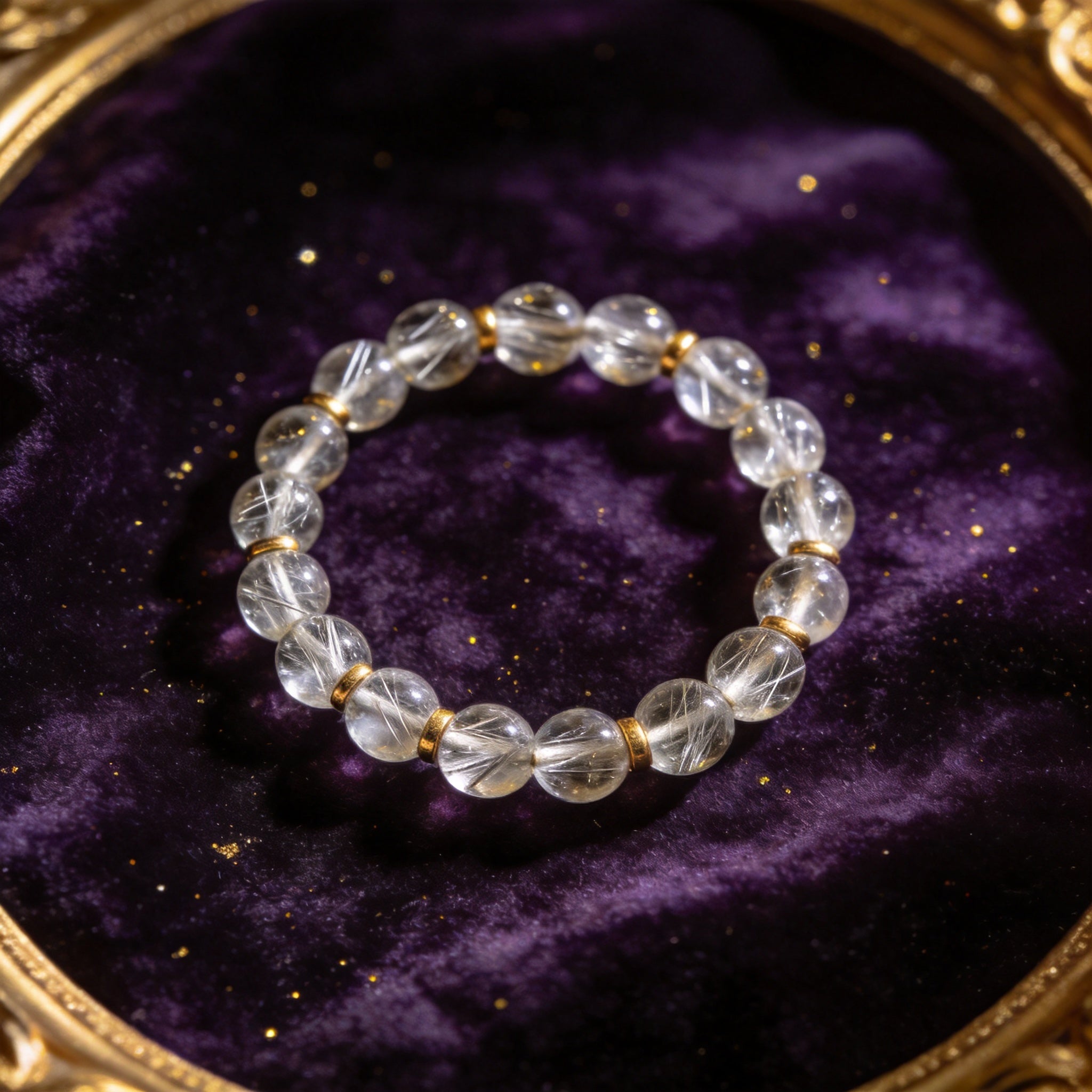 Silver Rutilated Quartz Women's 8mm natural stone bracelet on dark velvet