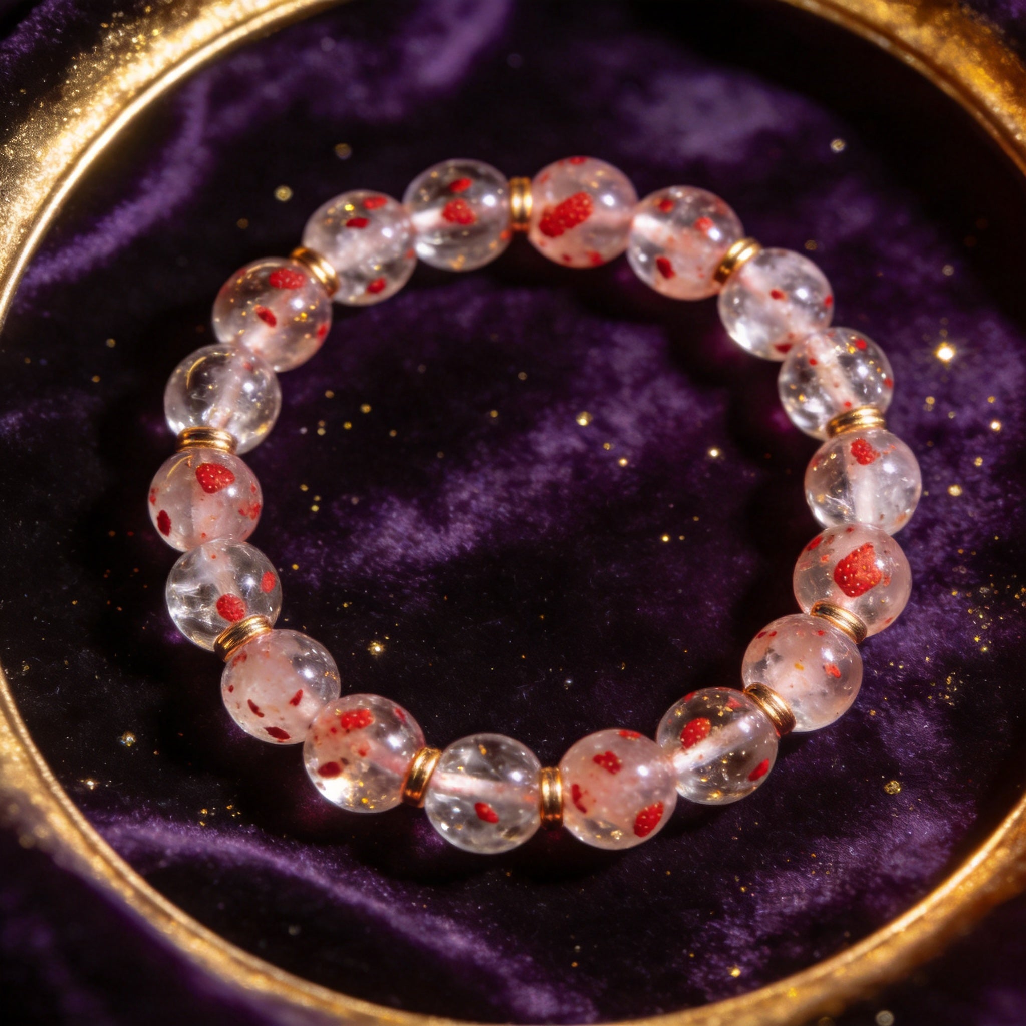 Strawberry Quartz Women's 8mm natural stone bracelet on dark velvet