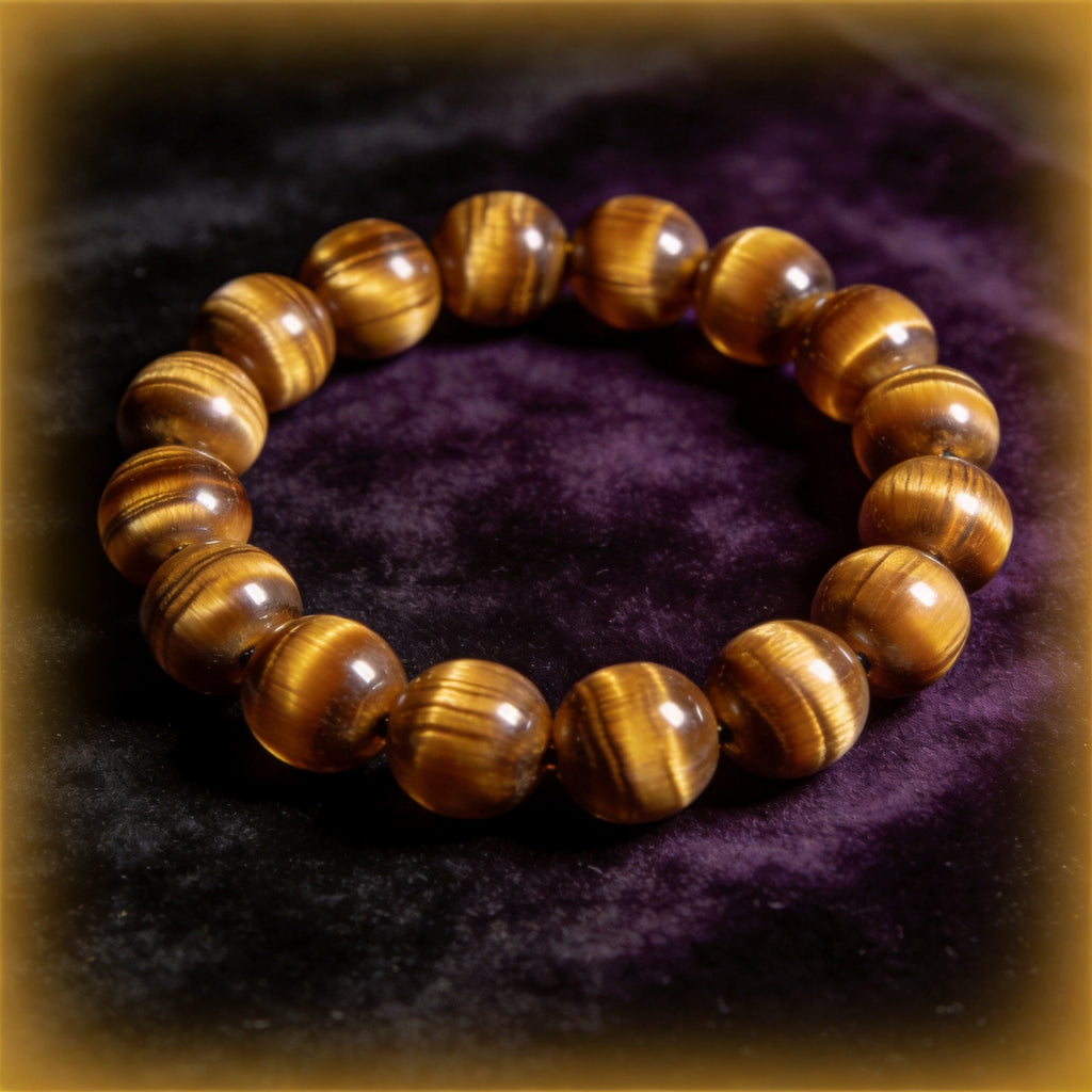 Tiger Eye Men's 12mm natural stone bracelet on dark velvet