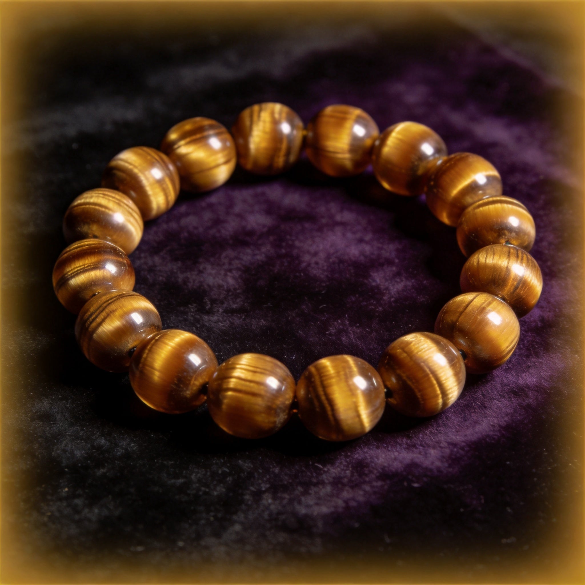 Tiger Eye Men's 12mm natural stone bracelet on dark velvet