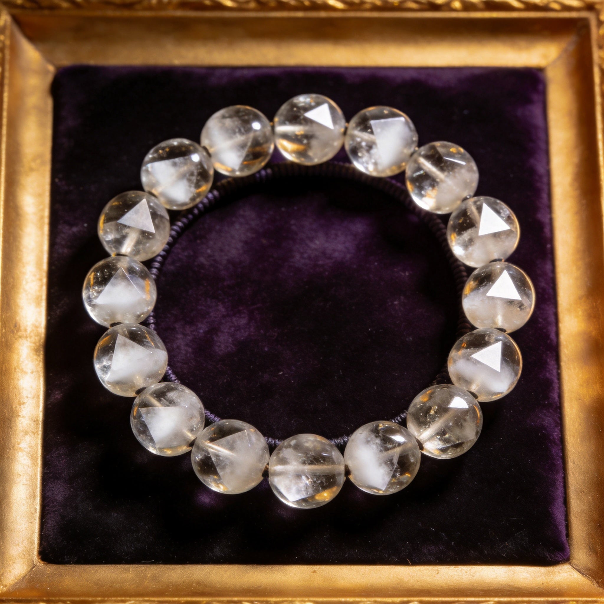 White Phantom Quartz Men's 12mm natural stone bracelet on dark velvet