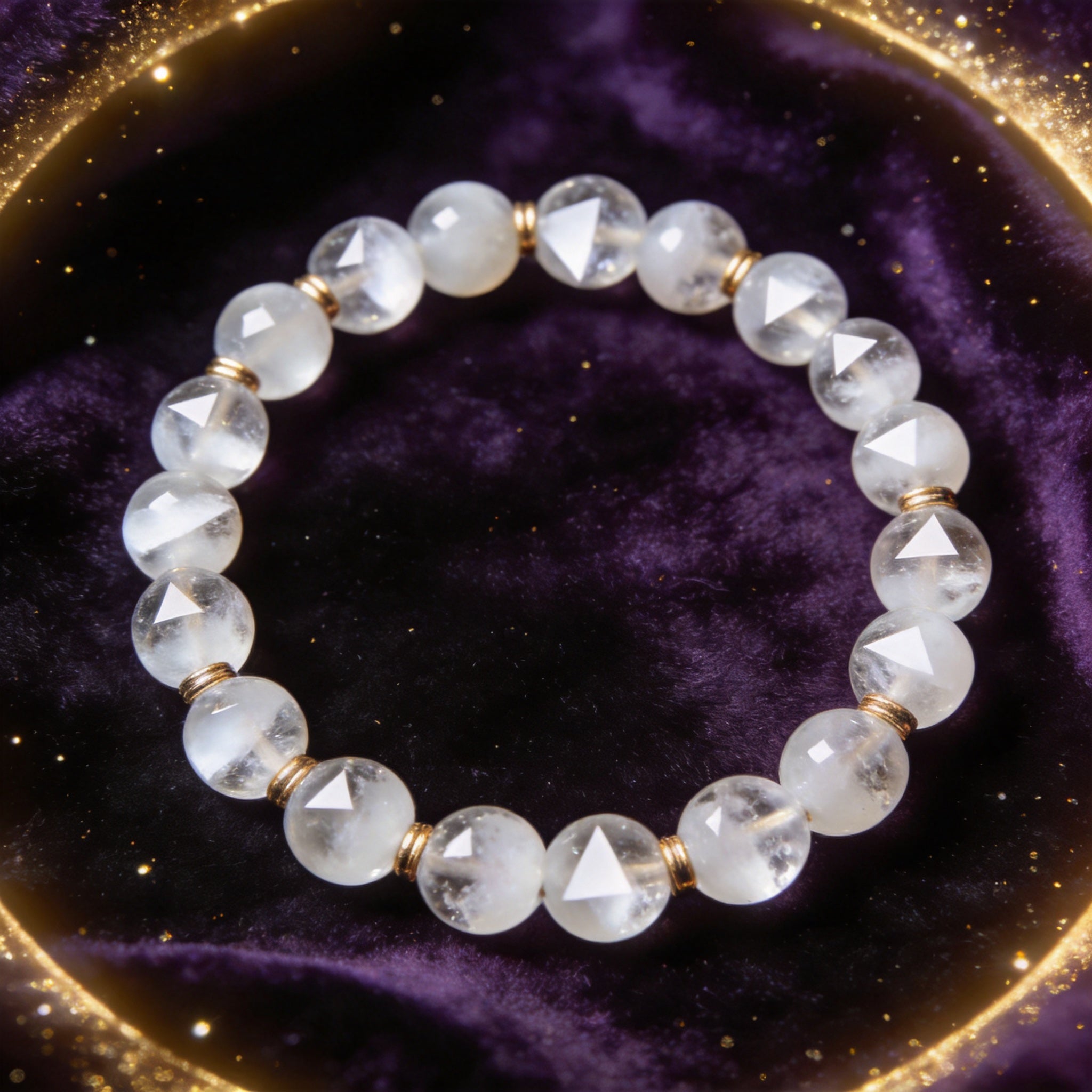 White Phantom Quartz Women's 8mm natural stone bracelet on dark velvet