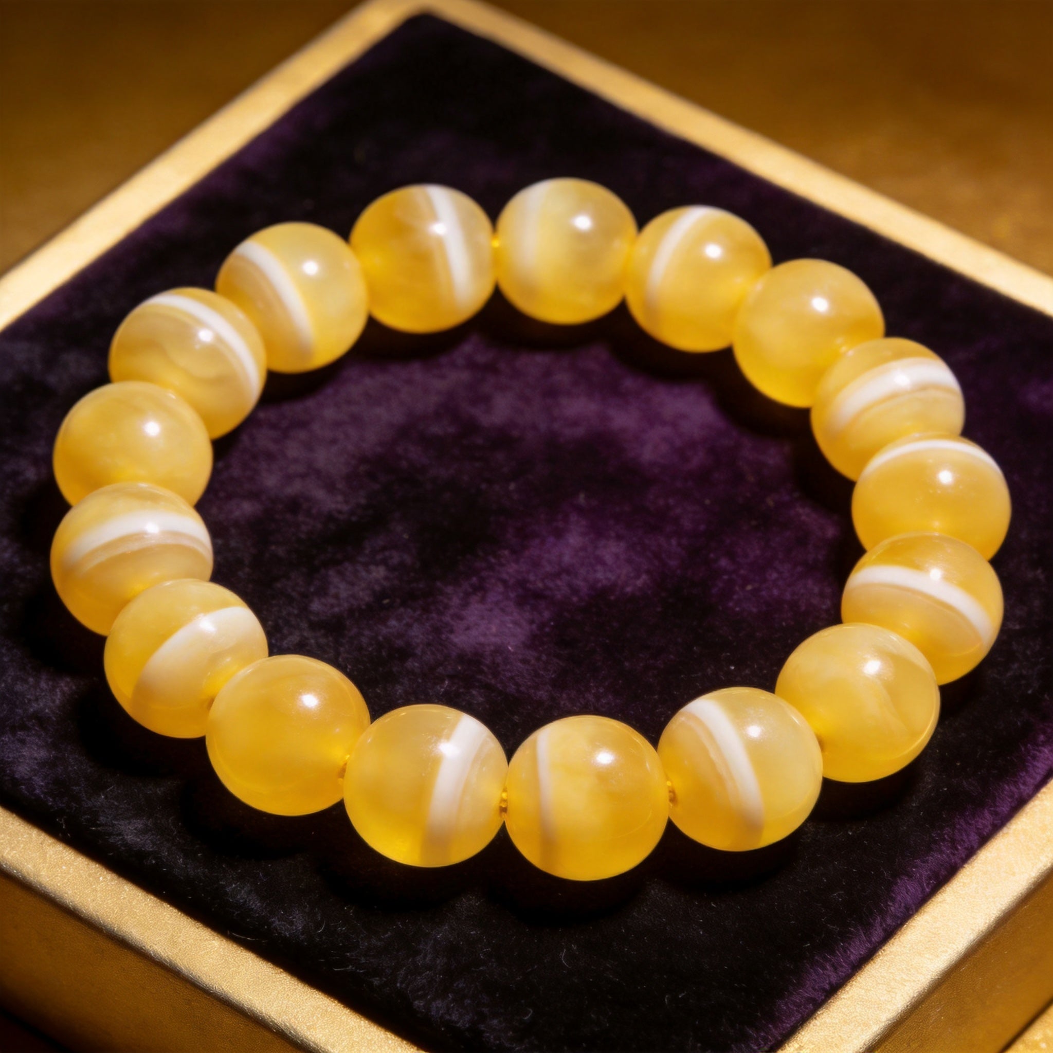 Yellow Agate Men's 12mm natural stone bracelet on dark velvet
